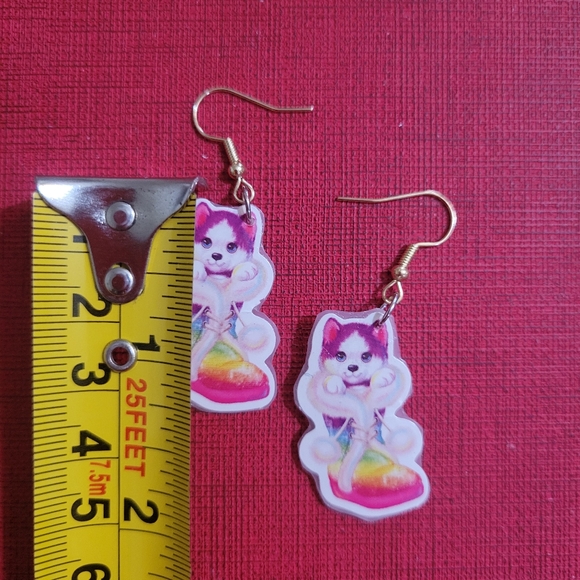 Lisa Frank Inspired Handmade Dangle Earrings  Upcycled Plastic with Cute Puppies - Picture 6 of 7